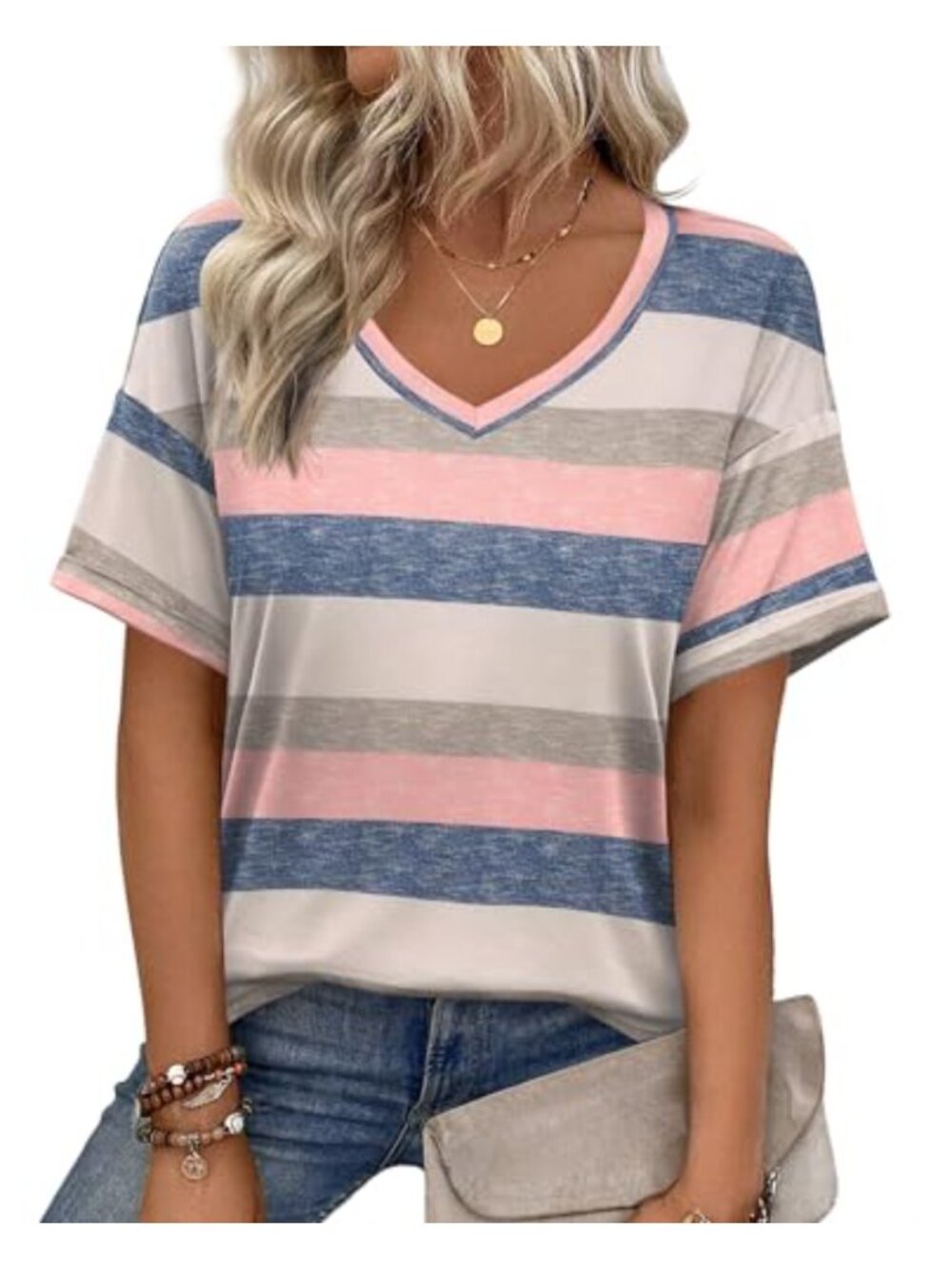 Womens V Neck Roll Sleeve Loose Fit T-Shirt Polyester Spandex Casual Summer Top